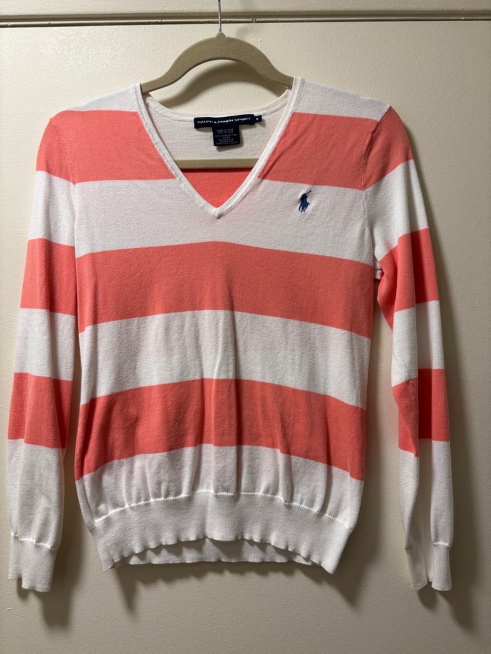 Ralph Lauren Coral and White Striped V-Neck Sweater